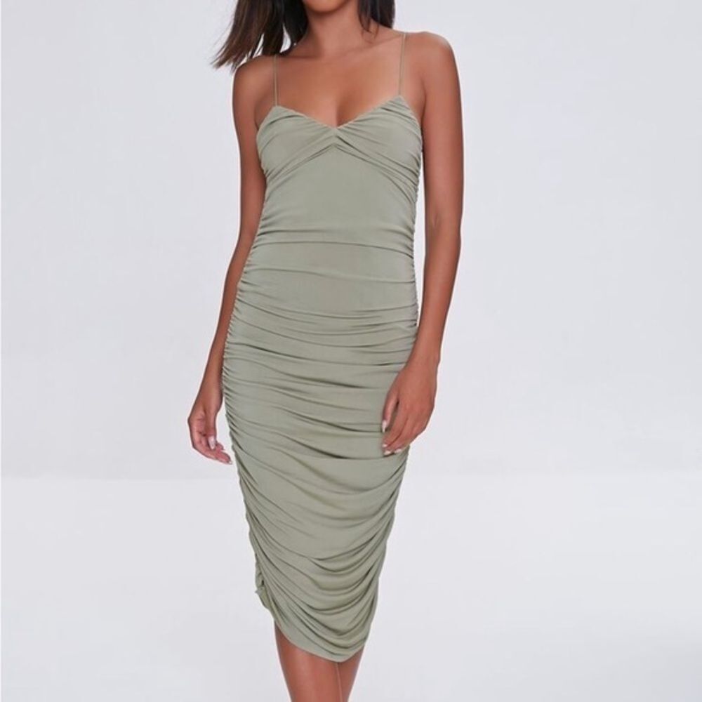 Forever21 ruched midi strapless cami dress in light green olive